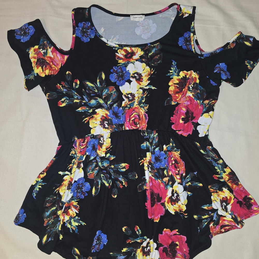 Sweet Love Floral Cold Shoulder Top - Black and Multicolor
